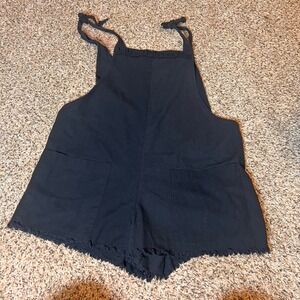Polly Romper Overalls Black Frayed‎ Hem Tie Strap Pockets Casual S